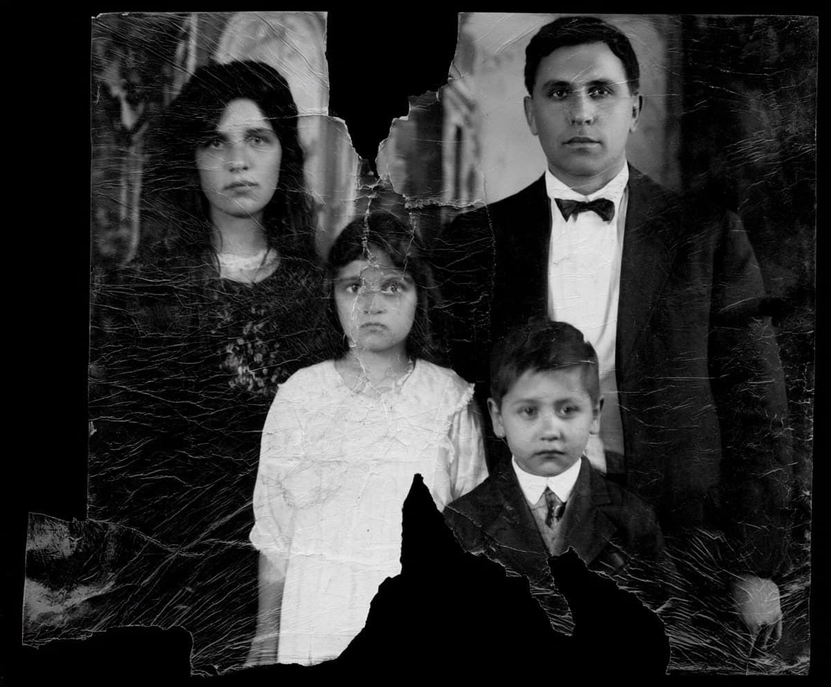Black-and-white photo of a family before AI restoration