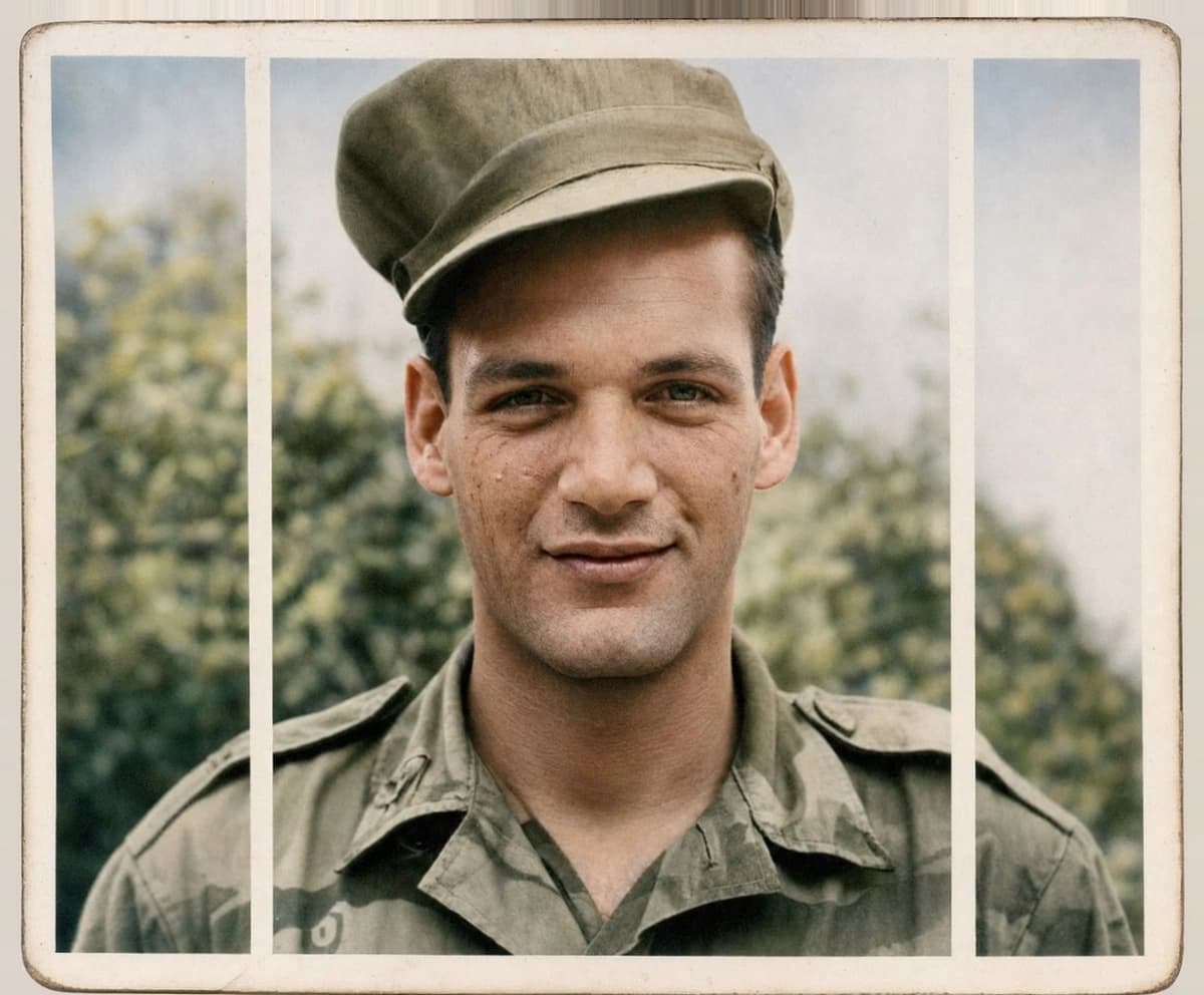 Photo of a young soldier restored and colorized with AI