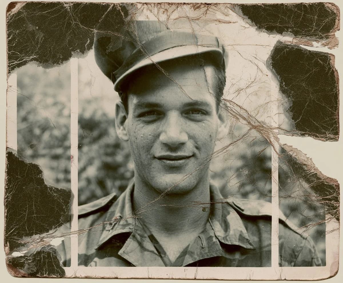 Black-and-white photo of a young soldier before AI restoration