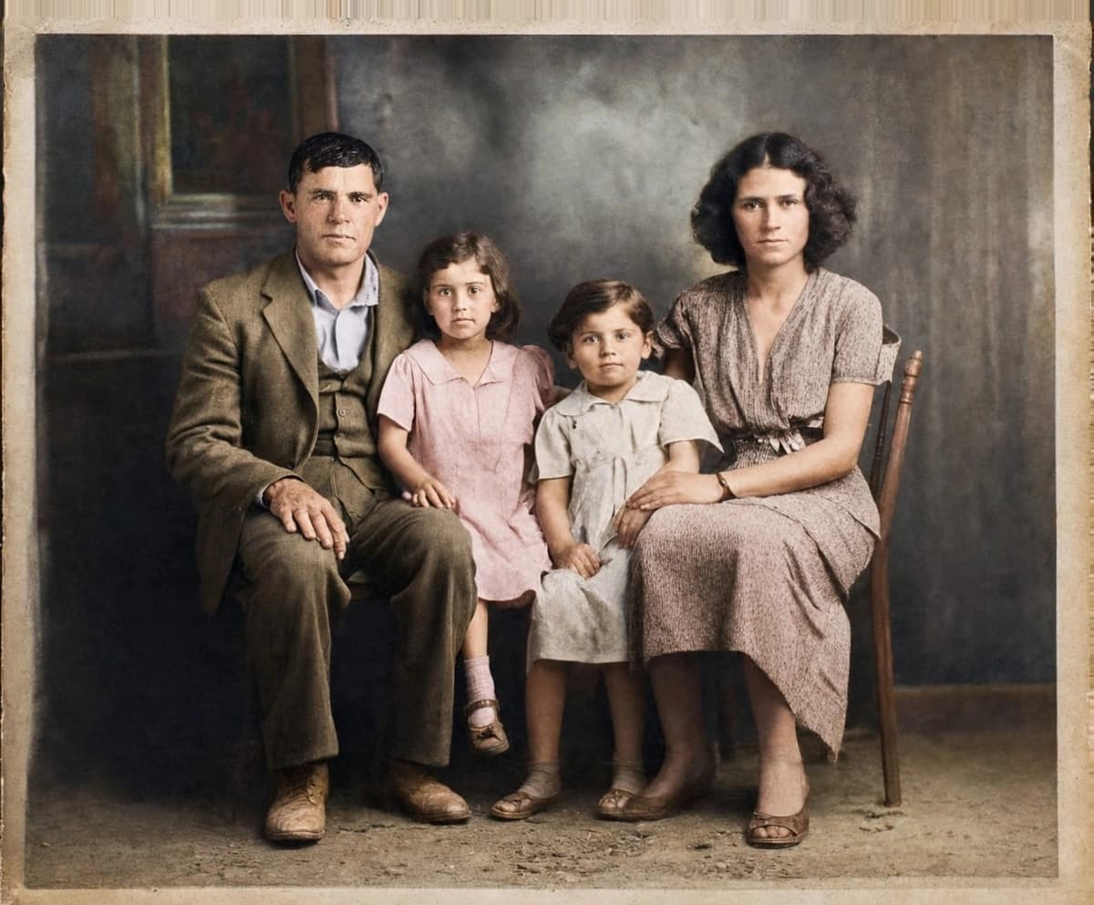 The same family photo restored and colorized with AI