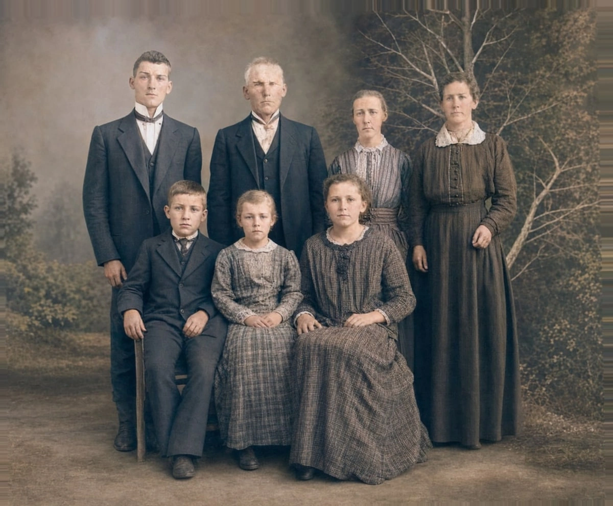 Photo of a large family restored and colorized with AI
