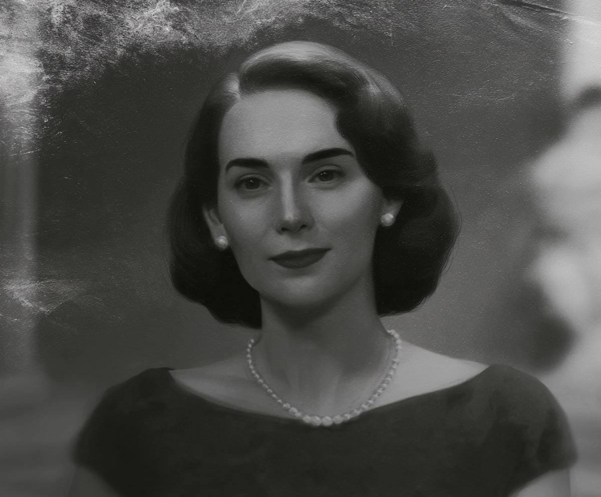 Black-and-white photo of a woman before AI restoration