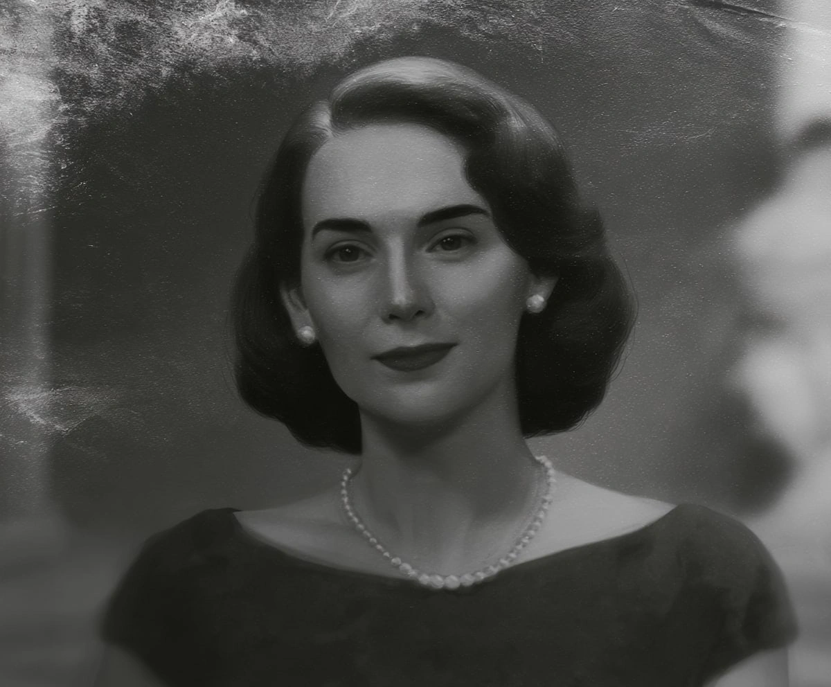 Black-and-white photo of a woman before AI restoration