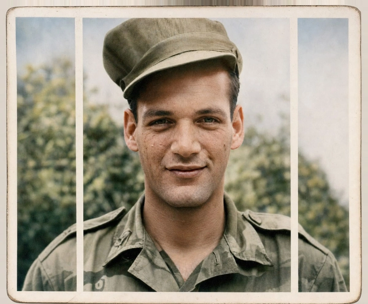 Photo of a young soldier restored and colorized with AI