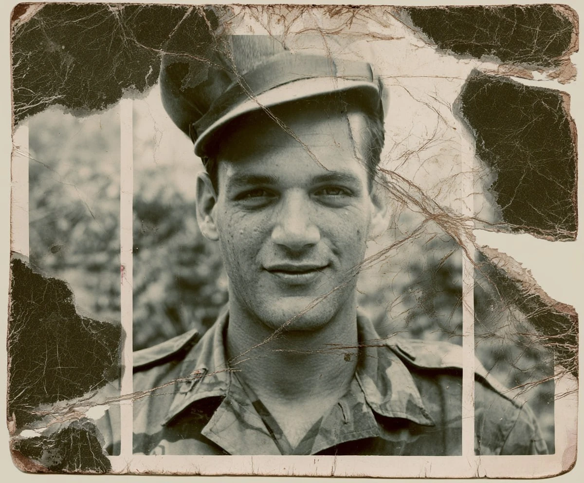 Black-and-white photo of a young soldier before AI restoration