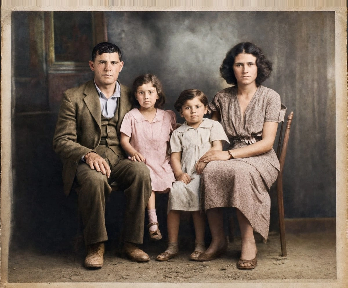 The same family photo restored and colorized with AI